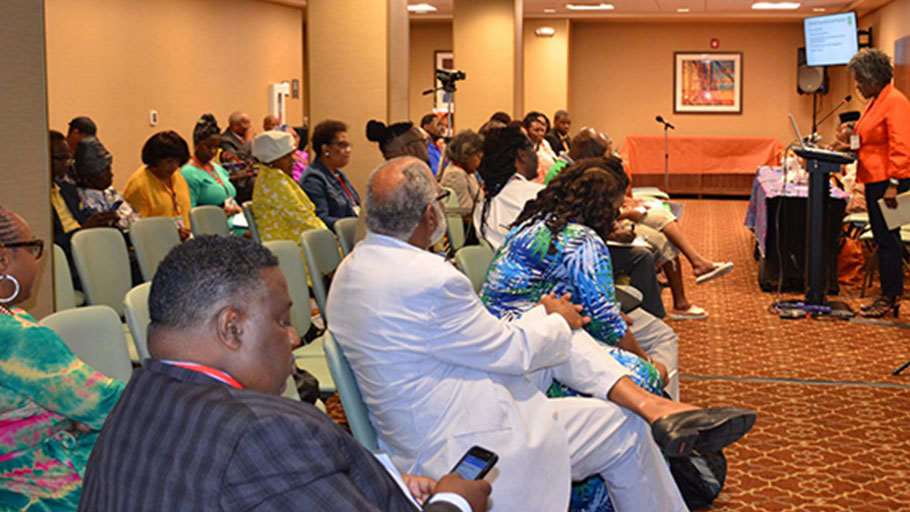 Attendees watching proceedings. Pictured in the foreground from left to right: Jan Desper Peters, Executive Director, Black Mental Health Alliance, Baltimore, MD; Rev. Jerome Stephens, Director of Community Engagement, Office of Senator Benjamin Cardin of Maryland, Baltimore, MD; and Joseph Daniels, President and CEO, The Josa Group Strategic Development for Non-profits (TJG-SDNP), Windsor Mill, MD.